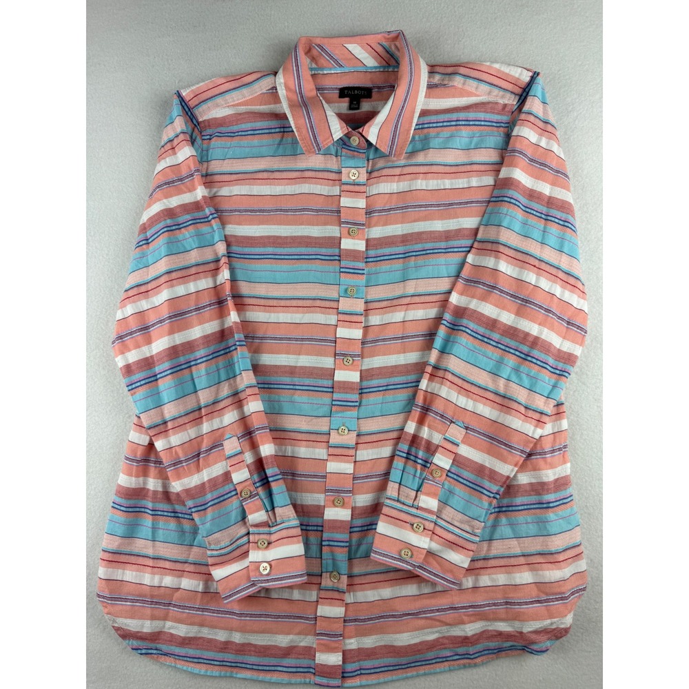 Talbots Womens Medium Cotton Striped Button Down Shirt Coral Blue Long Sleeve